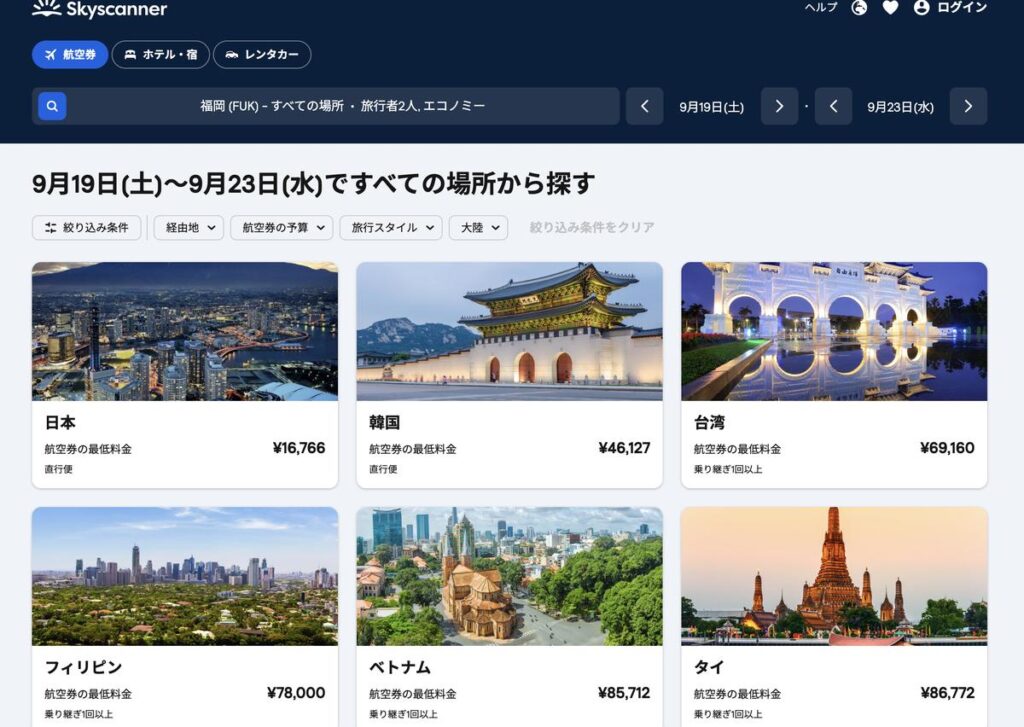 福岡発の各国の最低料金一覧。日本¥16,766、韓国¥46,127、台湾¥69,160、フィリピン¥78,000、ベトナム¥85,712、タイ¥86,772が並んでいる