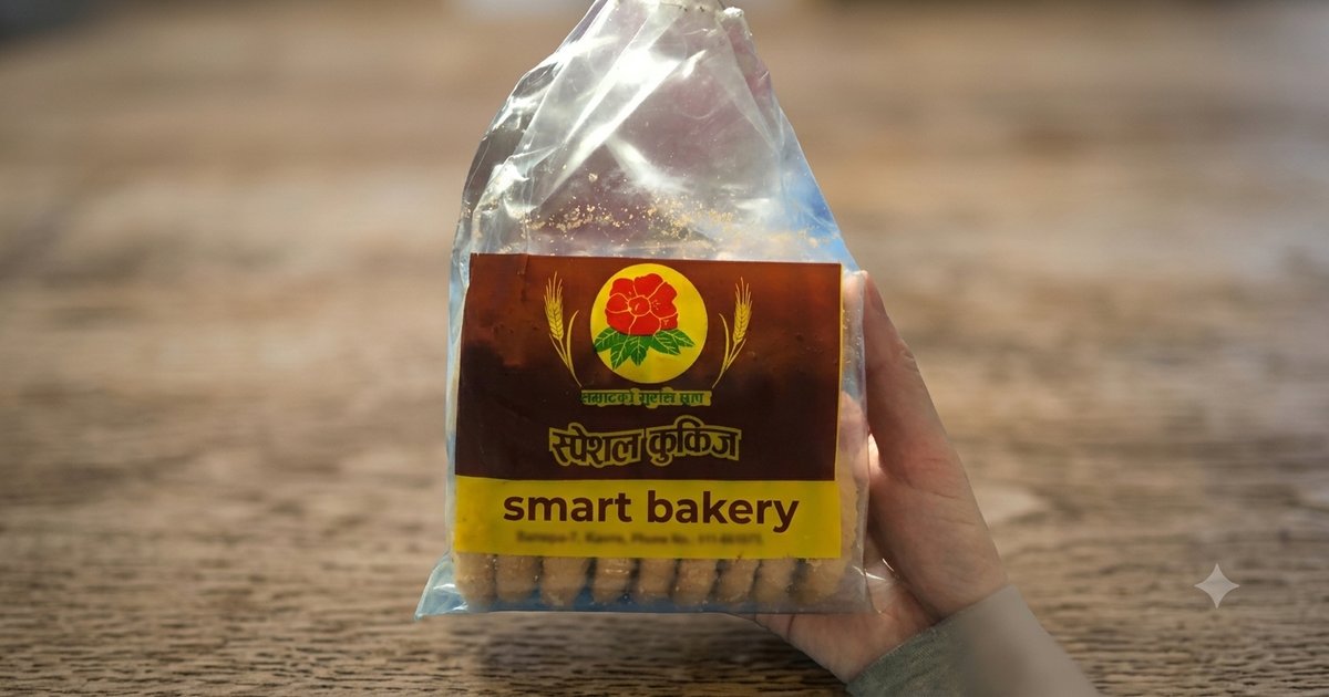 ネパールのベーカリーで買ったクッキーのパッケージ。現地の文字と英語のラベル