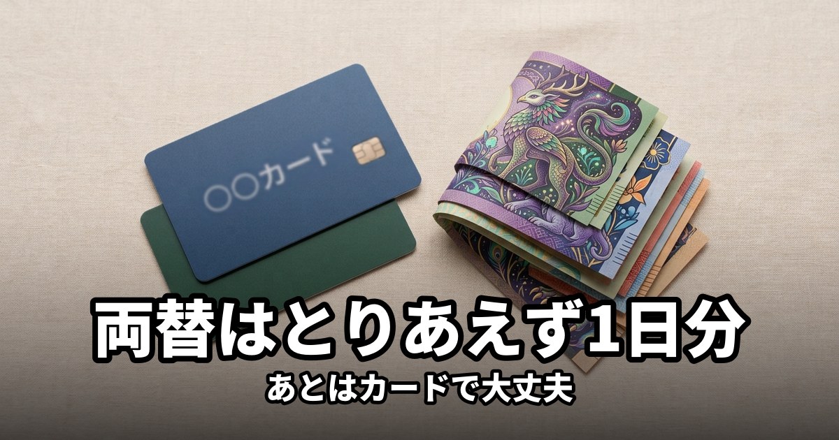 テーブルに並べた2枚のクレジットカードと、折りたたんだ外国紙幣の束