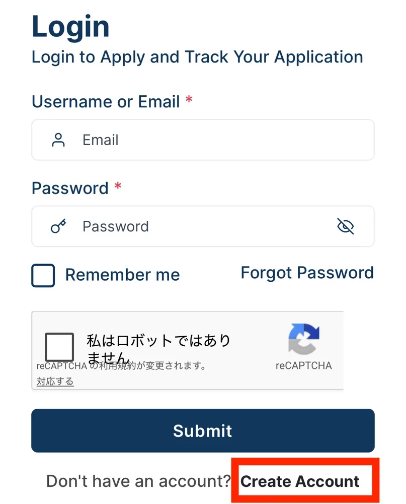 ログイン画面。下部のCreate Accountを赤枠で示している