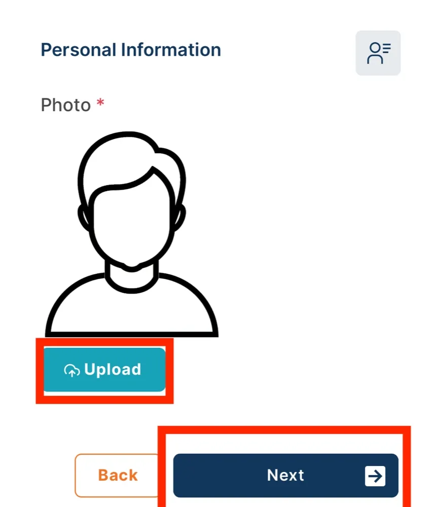 顔写真のアップロードとNextボタンを赤枠で示している
