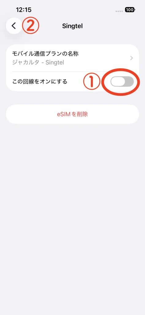 旅行用eSIMの回線の設定画面。「この回線をオンにする」がオフになっている