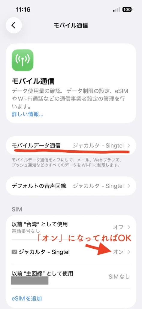 iPhoneのモバイル通信の画面。旅行用eSIMの回線がオンになり、モバイルデータ通信もその回線になっている