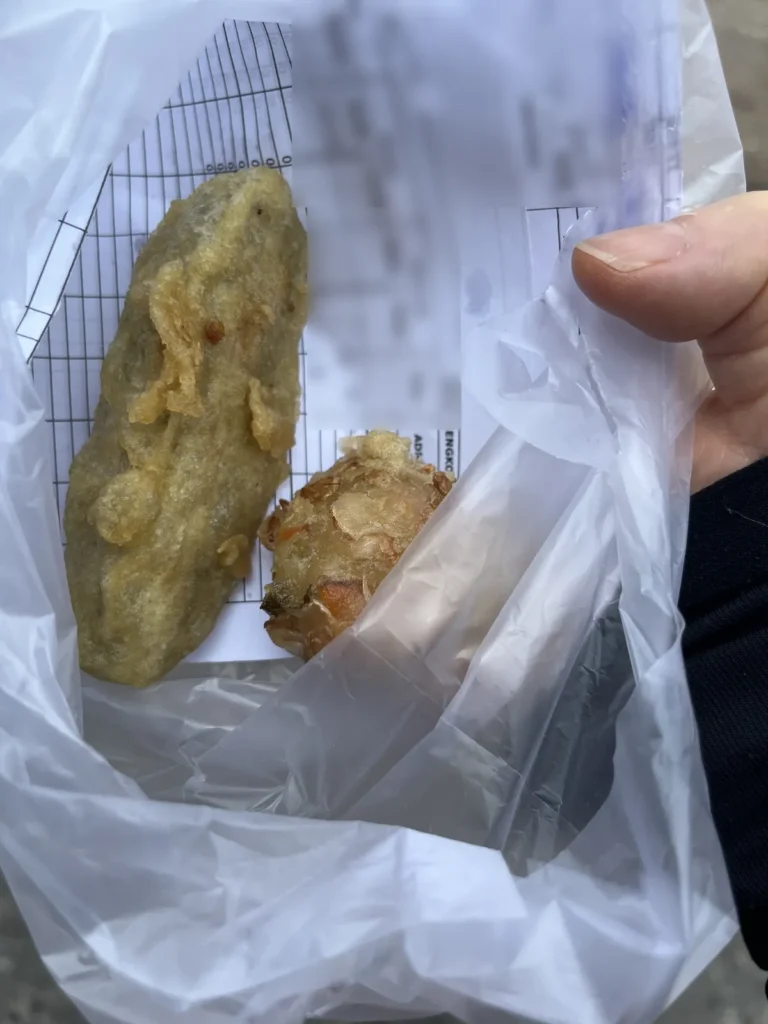 ビニール袋に入った揚げ物2つ。長いのは揚げバナナ、丸いのは野菜の揚げ物