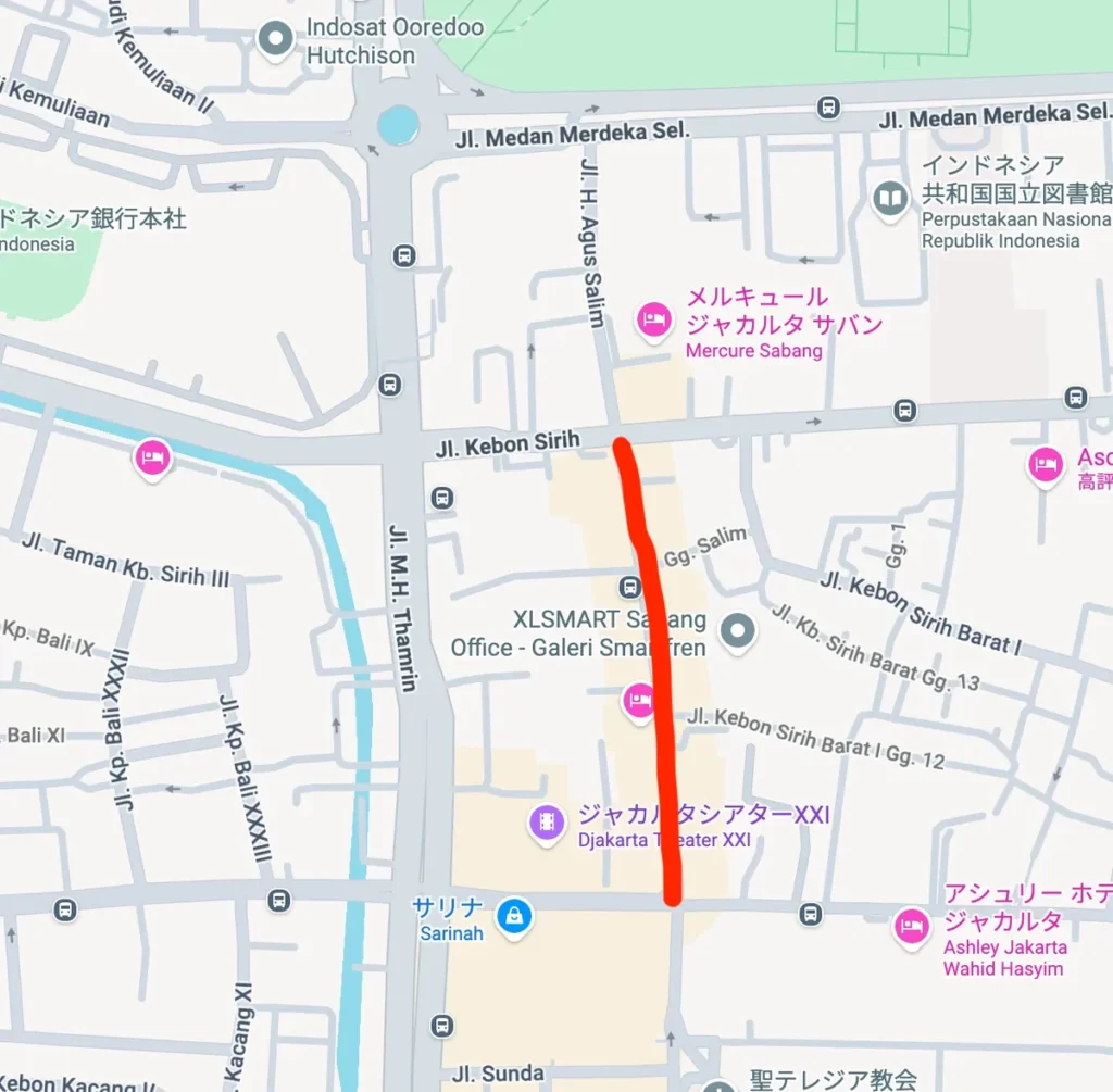 ジャカルタ中心部の地図。サバン通り(Jl. H. Agus Salim)に赤い線を引いている