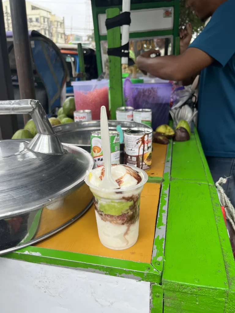 カップに入ったココナッツアイス。アボカドとチョコレートのようなソースがかかっている 